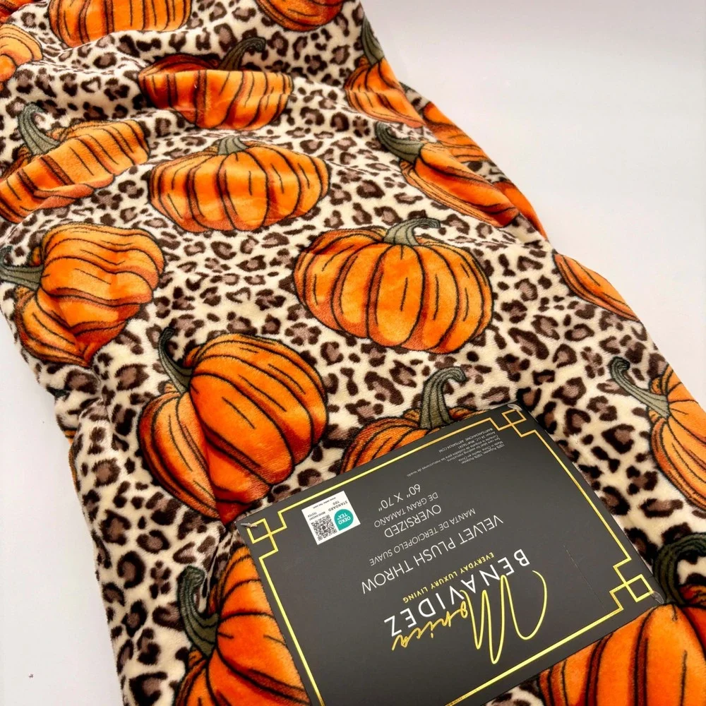 Monica Benavidez Autumn Velvet Plush Throw Blanket Leopard Pumpkin Oversized